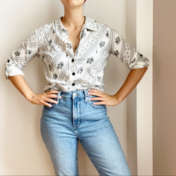 Eve Gravel Tops - Eve Gravel Black White Shirt Roll Tab Floral Size M Made In Montreal Quebec